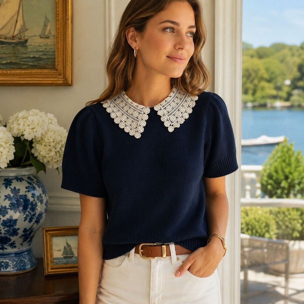Caroline Constas Peter Pan Crochet Lace Collar Sweater size L Navy Wool Blend